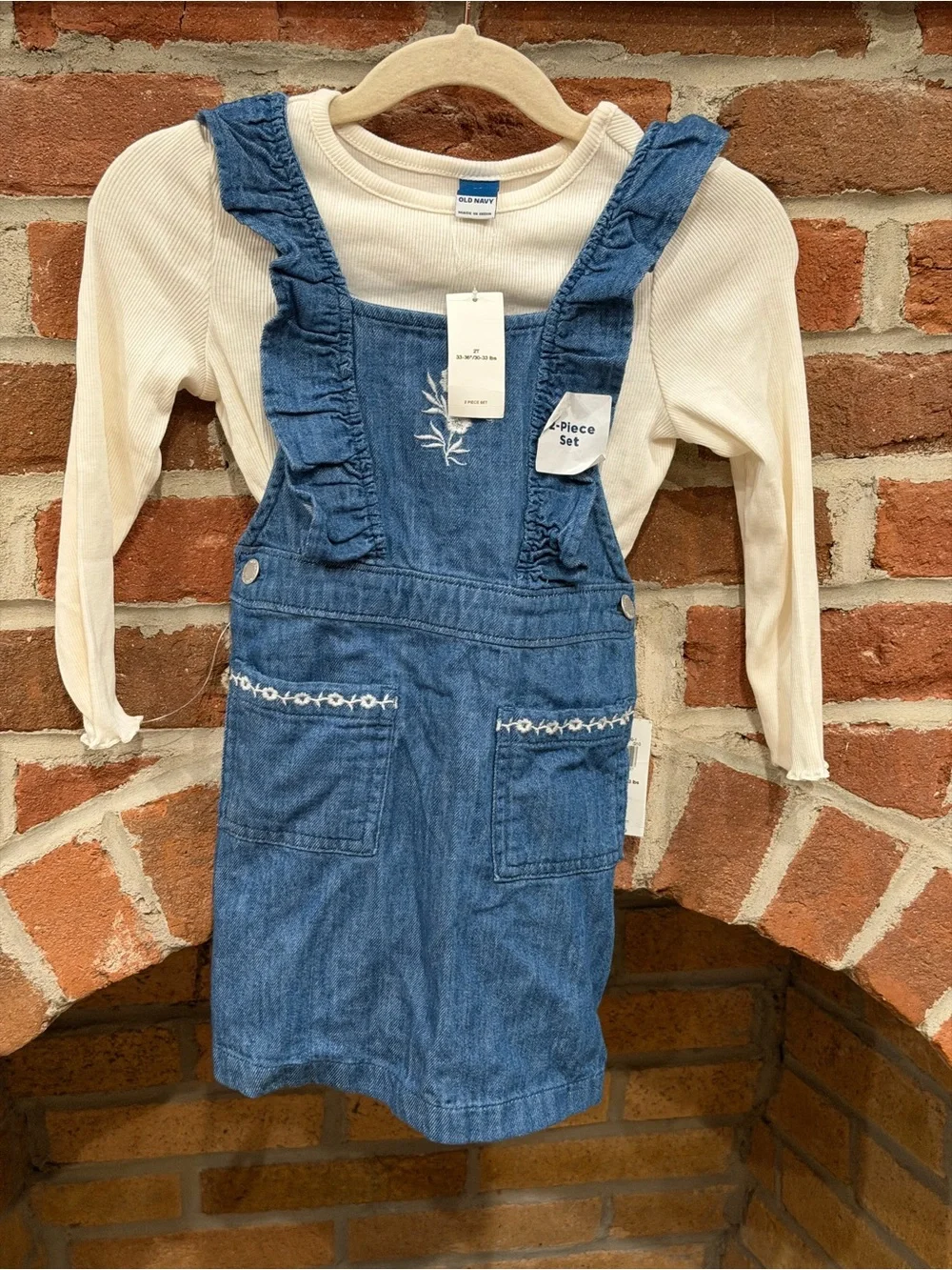 Old Navy Cream Top with Blue Denim Ruffle Overalls Set